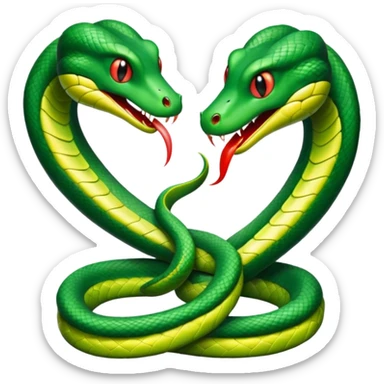 Two green snakes tangled at their tails, facing each other, hissing  sticker