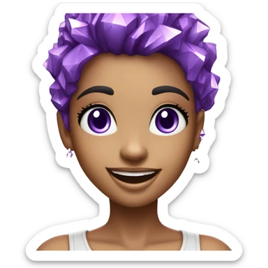 one girl with purple diamond hair made from purple crystals or diamonds or jewels, she is feeling happy and elated and excited, make her hair shiny with prisms and angles and edges sticker