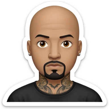 đàn ông 30 tuổi, da đen, đầu trọc, râu quai nón đen, có hình xăm trên mặt, áo đen, mặt nghiêm túc sticker