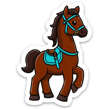 Dark chestnut horse with turquoise western tack full body standing still sticker