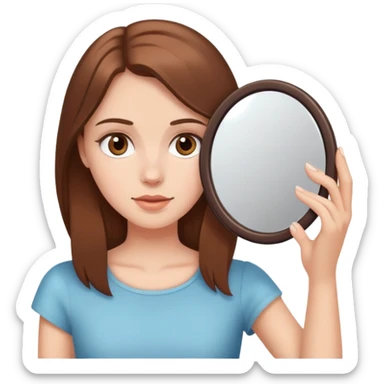 White girl with brown hair looking in a handheld mirror sticker