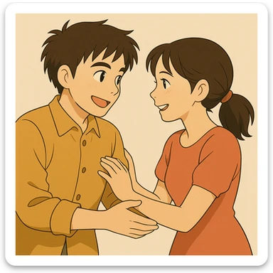 Change the scene so the woman and man are in love, smiling at each other, affectionate body language sticker