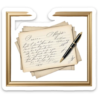 Icon for Autograph Collecting: several vintage sheets in frames with famous celebrity signatures on them, with a classic fountain pen nearby. The icon should evoke the elegance and rarity of collecting autographs. Transparent background. sticker