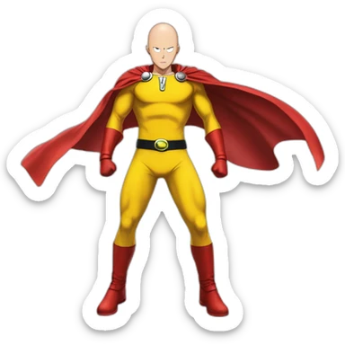 ultimate extreme anime bald one punch man with red cape and yellow costume sticker