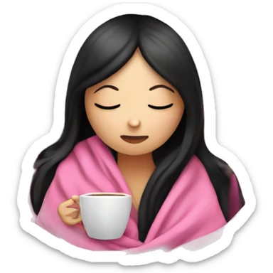white girl with black straight hair inside a pink blanket sipping coffee eyes closed sticker
