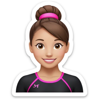 Happy female gymnast with brown hair in a neat bun, wearing a black uniform with neon pink elements. sticker
