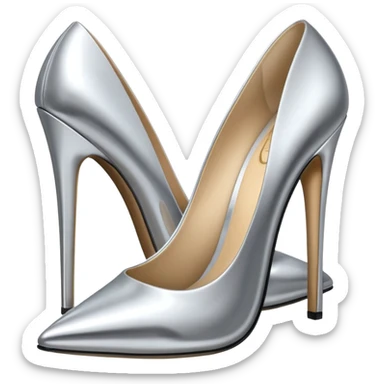 A pair of high heel shoes emoji made of polished silver chrome, elegant sharp silhouette, smooth metallic surface, glossy reflections, luxury sexy vibe, minimalistic iOS emoji style, centered, clean white background sticker
