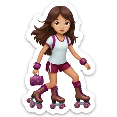 brunette long hair girl, tan skin, with burgundy rollerskates sticker