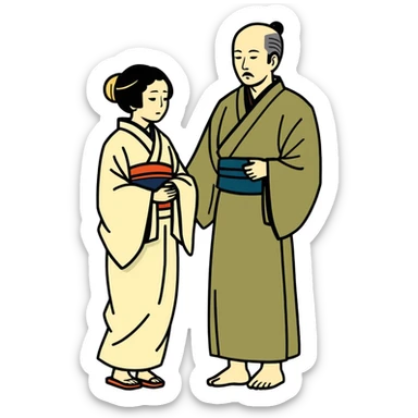 illustration of father celebrating the singing of divorce papers next to grieving wife Japanese art influence sticker