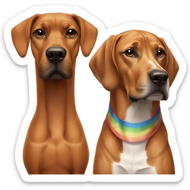 white male with rainbow colored hair and a curled mustache standing alongside a brown rhodesian ridgeback dog sticker