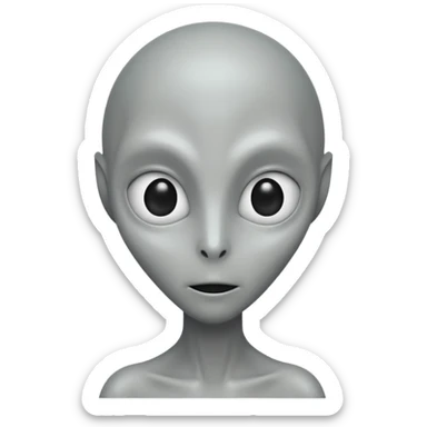 Portrait of a grey alien with large black eyes, thin face, elongated head, smooth grey skin, minimalist design sticker