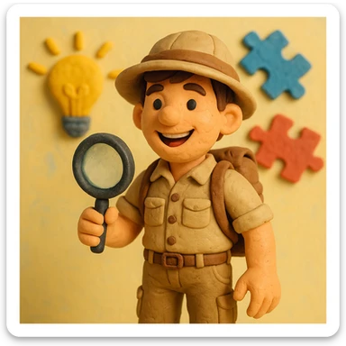 Create a realistic emoji character named Master Hunt. He is a young adult with short brown hair, wearing a casual explorer outfit that includes a button-up shirt and cargo pants. He has a backpack and a safari hat. In one hand, he holds a magnifying glass, and he has an enthusiastic smile on his face. The background should be light and vibrant, incorporating elements like light bulbs and puzzle pieces to symbolize creativity and a positive work culture. sticker