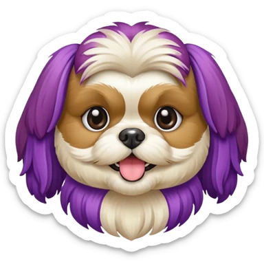 generame la imagen de un perrito raza chitzu de color cremita, totalmente cremita sin esos colores marron oscuro en su cara, hazla un poco sonriente y con su pechera morada sticker