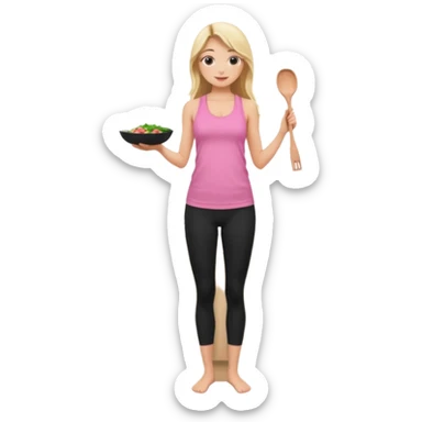 Render from knees up, view from the back, fair skinned woman, thin, long blond hair, cooking dinner in kitchen, pink loose tank top, showing natural B cup breast shape SFW, black yoga pants, perfect booty sticker