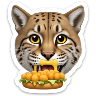 Bobcat eating a cheeseburger with a side of tater tots sticker
