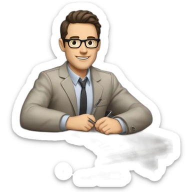 Pale skinned Fit Man With dark brown hair in gray jacket, beige office shirt and vintage glasses sitting In a soft chair with a notebook with emblem Ψ and a pen in his hands sticker