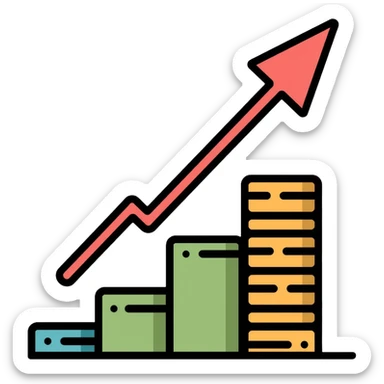upward arrow next to increasing stacks of money bills and coins, financial growth sticker