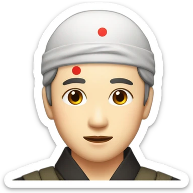 asian man's face in hachimaki with a red circle on his forehead sticker