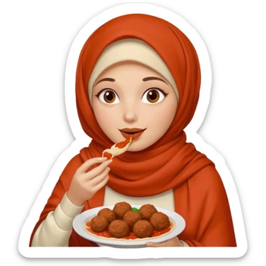 woman wearing a cream colored pashmina hijab eating meatballs sticker