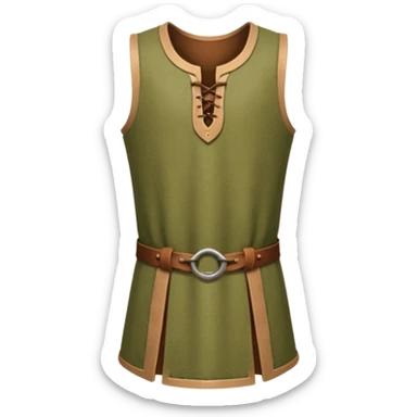 A stylized 3D render of a sleeveless medieval tunic, olive green fabric, scoop neck with a small keyhole opening fastened by brown leather toggles. sticker