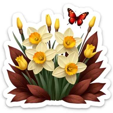 Golden daffodils bloom among deep brown-red leaves, while delicate brown butterflies flutter nearby. Warm sunlight casts a vintage glow over the scene. sticker