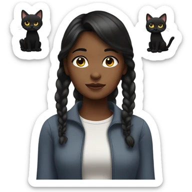 Black with dark hair girl looks at cat sticker