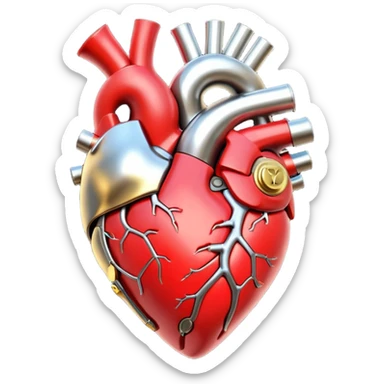 3D render of Mechanical Heart, futuristic cyborg aesthetic, fusion of organic skin and chrome metal, gold brass valves mixed with red muscle tissue, exposed wiring, emoji style, isolated on white background --v 6.0. sticker