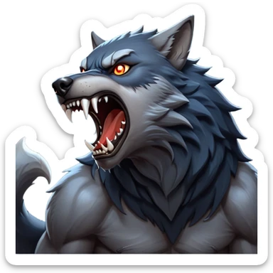 cinematic-noble-fierce-werewolf-howling-portrait-emoji, poised-and-imposing, with a fierce wolfish face tilted upwards in a haunting howl, glowing eyes full of primal ferocity, sharp, elongated fangs bared, and a rugged snout, fur rippling in shades of midnight black and silver, muscles tensed as the powerful howl echoes beneath the moonlit sky; rendered with realism, capturing the raw, untamed power of the beast in its wild, primal state sticker