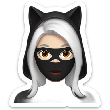 A woman with white hair and cat ears and a black mask around her eyes has white skin and a black spiderman mask on her face. sticker