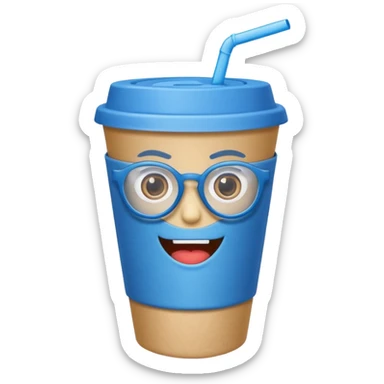 drink in a paper cup and straw, the cup has eyes and mouth and glassess sticker