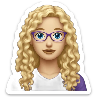 caucasian curly blonde long haired blue eyes glasses woman purple t-shirt sticker