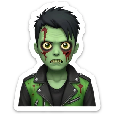 Hombre zombie de piel verde con chaqueta de cuero punk, pelo negro sticker