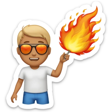 Comic emoji of man trying to fan himself because it's sunny then suddenly his butt is on fire but then it got bigger and then goes to the ocean but makes the fire bigger sticker