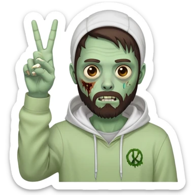 zombie making peace sign, undercut hairstyle with dark brown hair, short full beard, wearing plain white hoodie sticker