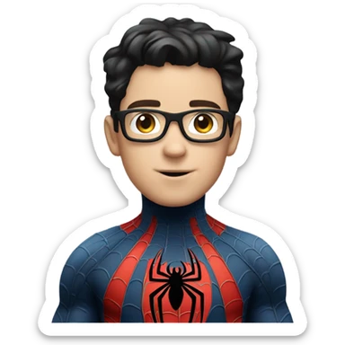 A white boy with black hair wearing Spider-Man  sticker