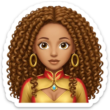 Melanie Brown with brown long curly hair, gold outfit sticker