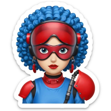 blue curly haired girl with huge earrings wearing red paintball helmet with eye protection, only face  sticker
