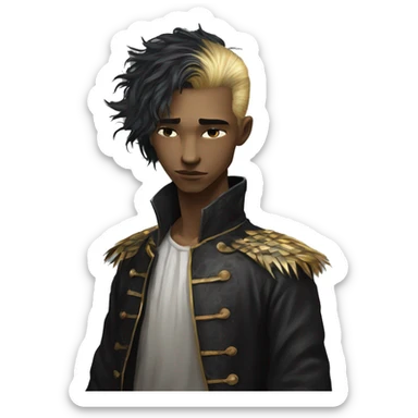 Hamlet young skinny sad man iridescent hair wearing raven feathers with golden flames yin yang chess board sticker