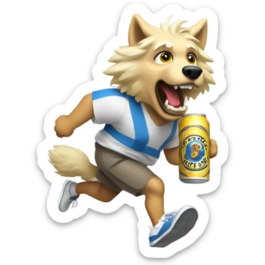 Wolf animal with a blonde wig in sneakers holding a beer running  sticker