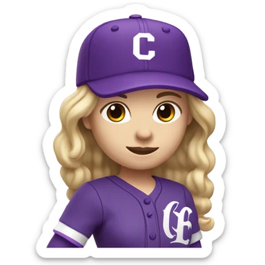 baseball card character. Blonde female long shoulder length hair. letter C logo. Purple and white uniform. sticker
