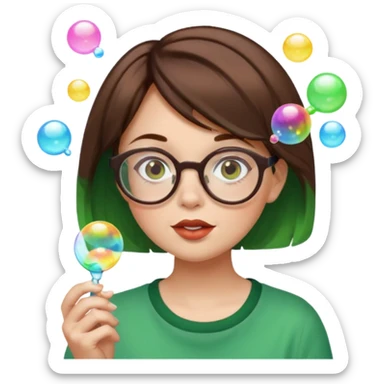short brown hair with green ends woman blowing bubbles with glasses  sticker