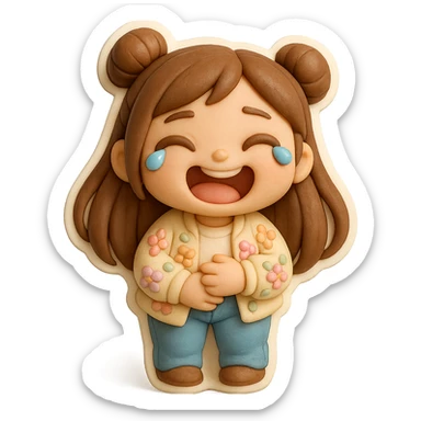 3D chibi girl in fondant cake art style, high-quality rendering with smooth shadows and soft gradients, long brown hair in two space buns, brown eyes, jeans, pastel floral cardigan, thick white outline like a sticker, transparent background, laughing to tears holding her belly, preserve facial features from reference image sticker
