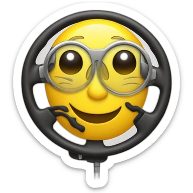 yellow emoji with one eye closed, holding a steering wheel in front with one hand sticker