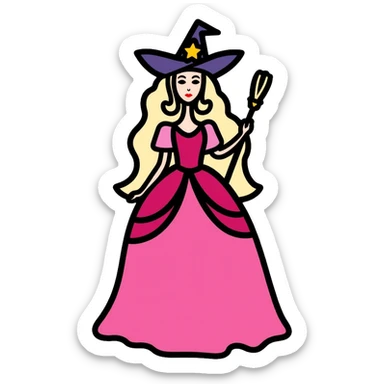 Glinda from Wicked musical, blonde witch with tiara, pink dress and magic wand sticker