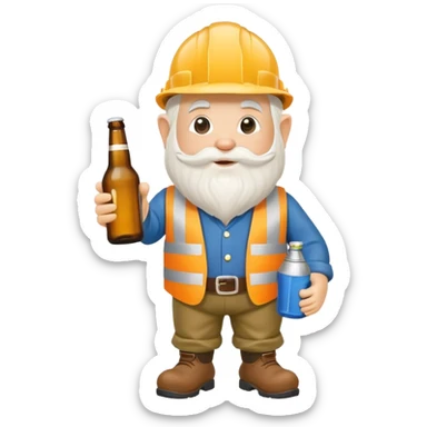 Garden gnome wearing construction clothes holding a bottle of beer sticker