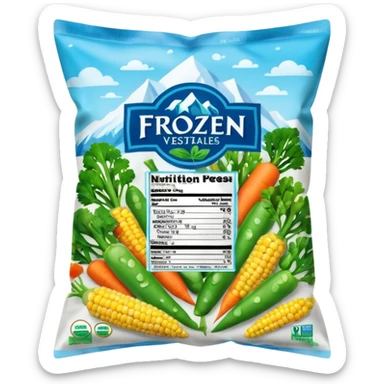 A colorful plastic bag of frozen mixed vegetables (peas, carrots, corn, and broccoli) with a bright label showing freshness and nutrition info. The bag surface has light frost and condensation. Placed in a freezer display section with other frozen food packs around it, real-life grocery store look. sticker