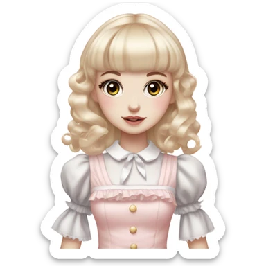 pale girl , who has curly medium length blonde and baby pink swirled hair with bangs , grey eyes , and doll like makeup , in a light pink lolita hime gyaru dress  sticker