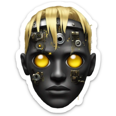black metal male cyborg head with artificial eyeball, circuitry and wispy yellow gold hair sticker