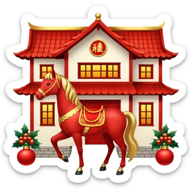 Chinese new year 马，我要有新年气氛的… 背景可以加屋子等吗… 可以加 新年快乐 2026 字眼吗？ sticker