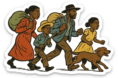 The full bodies of a black American family of mother, father, two children and their dog taking part in the Exoduster movement in 1879.  sticker